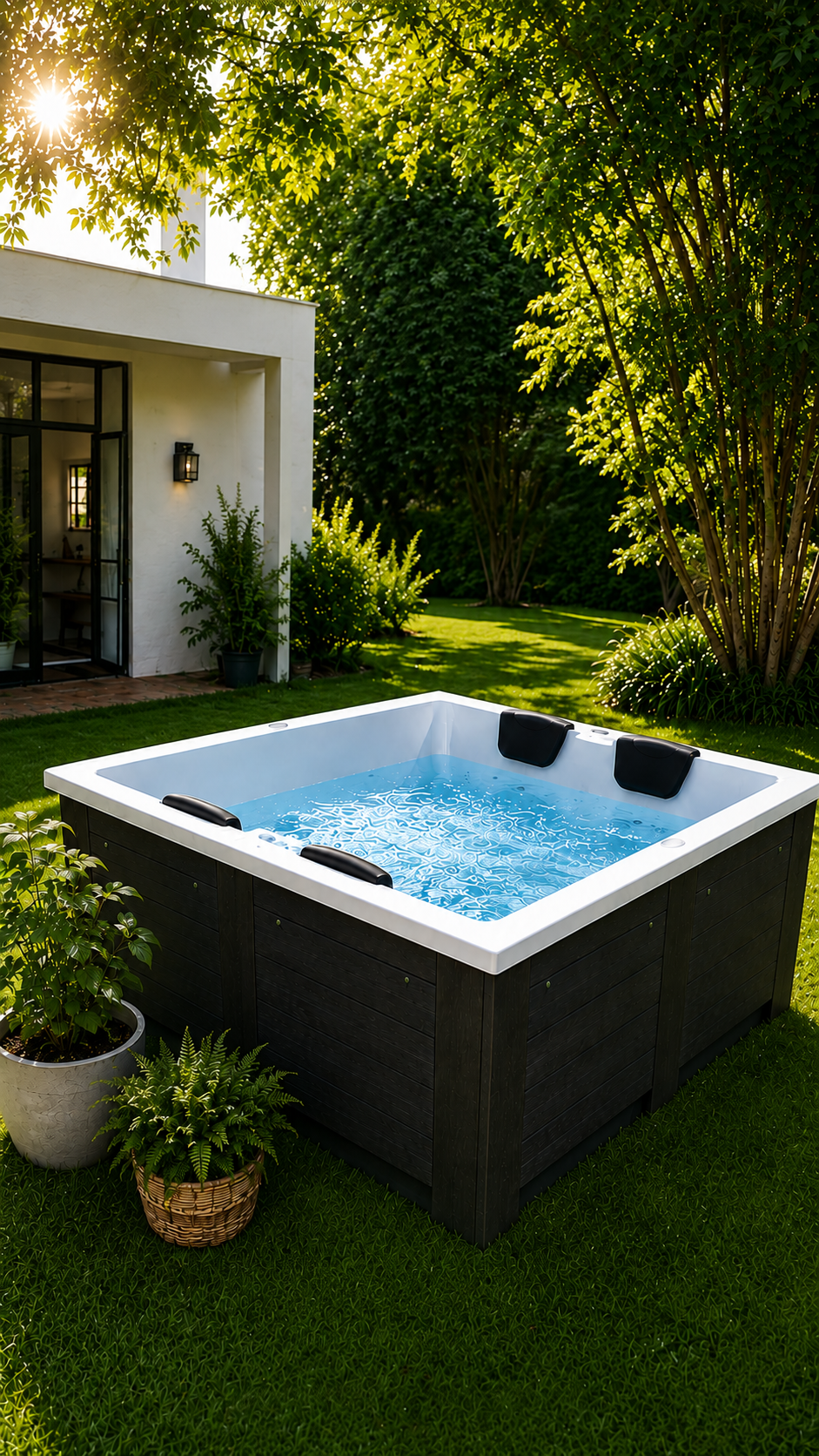 Spa cuadrado con revestimiento oscuro en un jardín