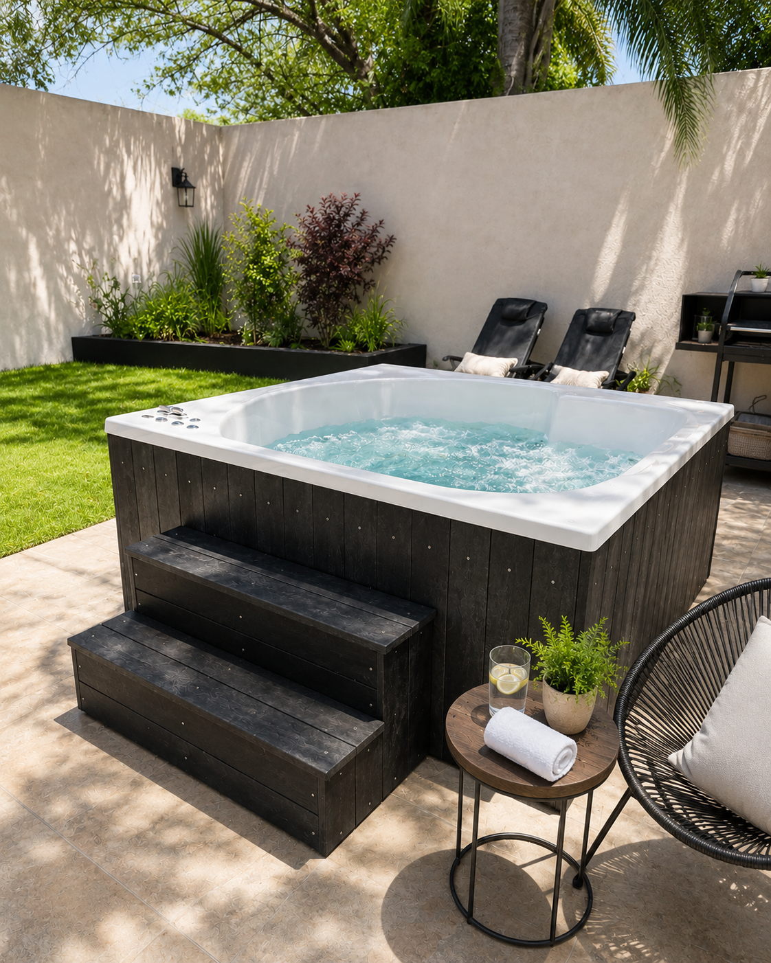 Spa con escalera en un patio soleado
