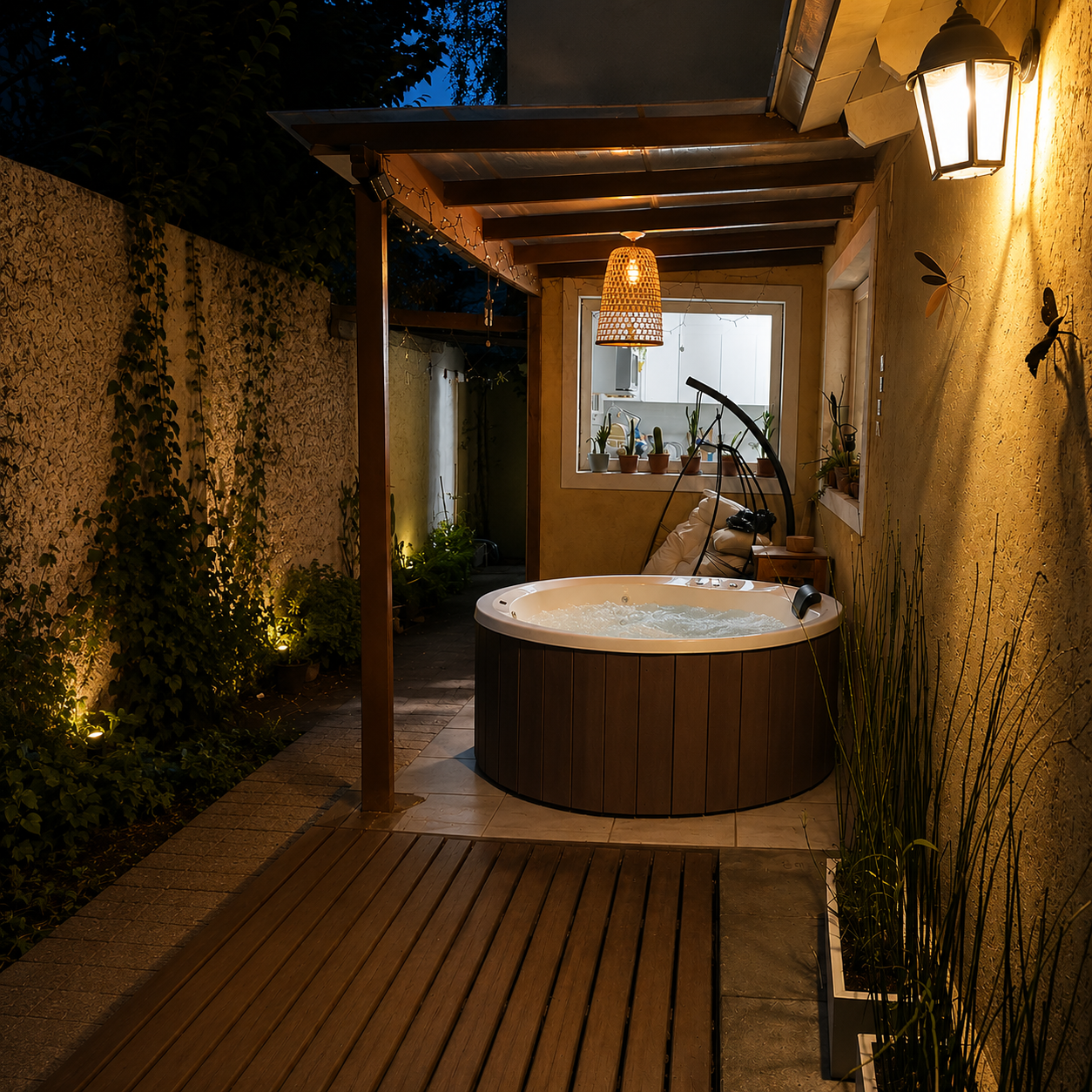 Spa redondo en una galería iluminada de noche