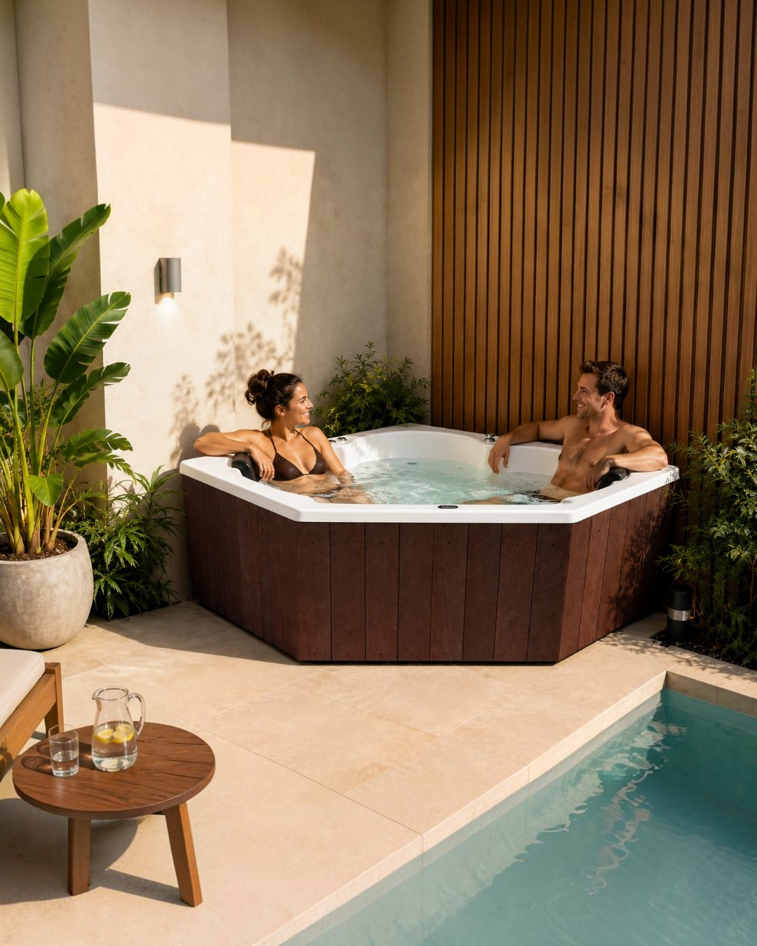 Spa esquinero junto a una piscina
