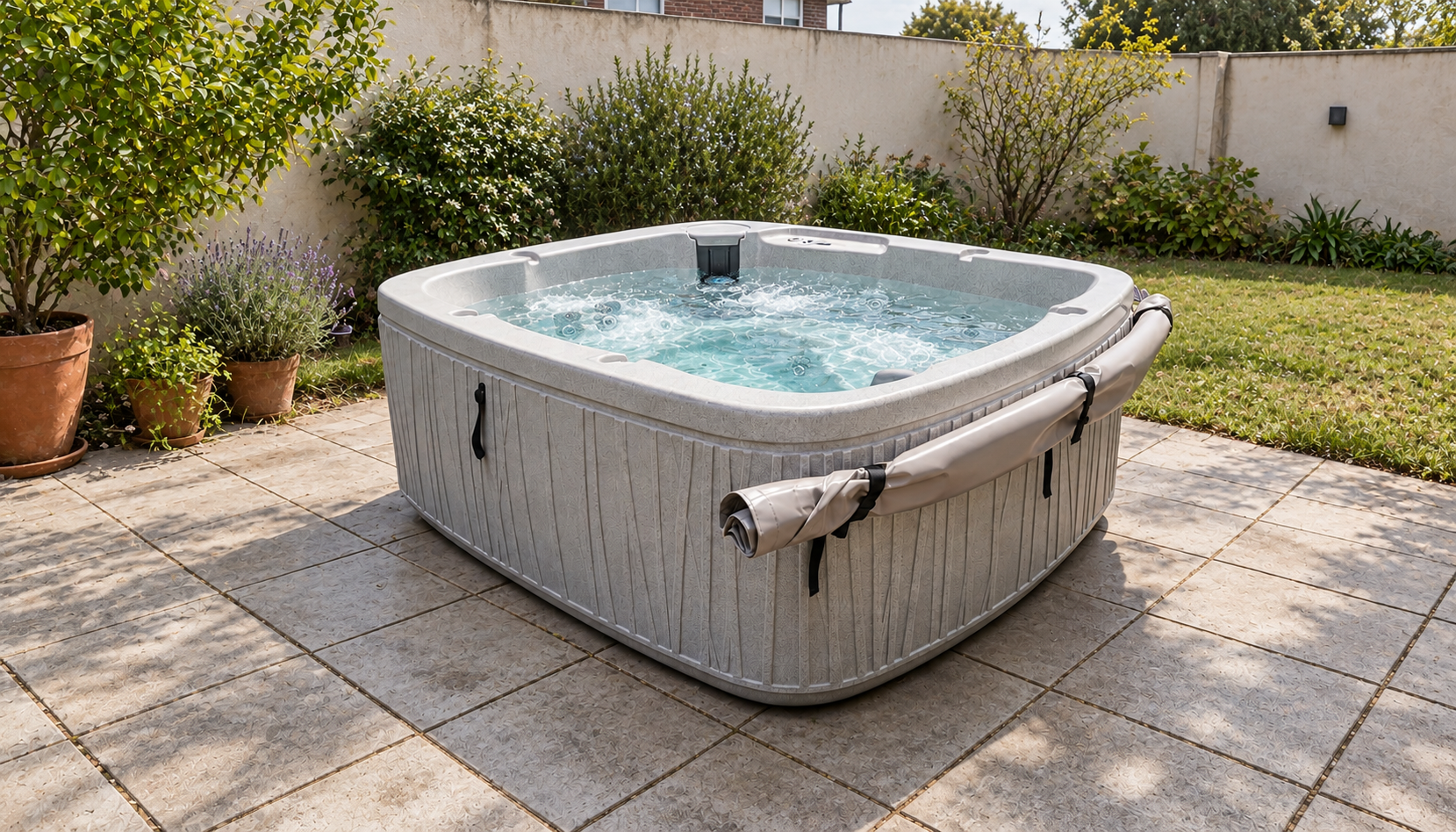 Urban Spa Deluxe con los jets funcionando en un patio de día y funda protectora recogida en el lateral