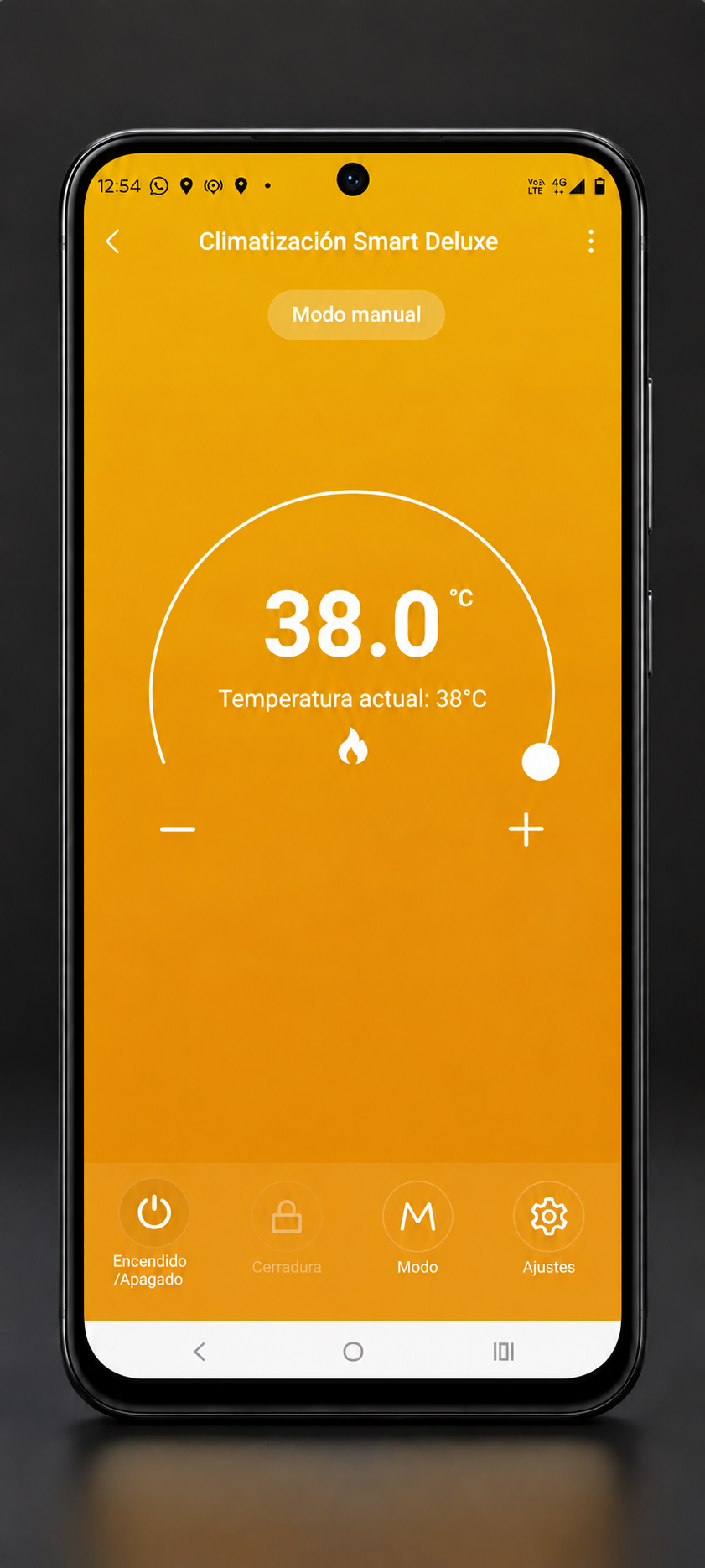 Pantalla de Climatización Smart Deluxe: temperatura configurada en 38 °C y temperatura actual de 38 °C