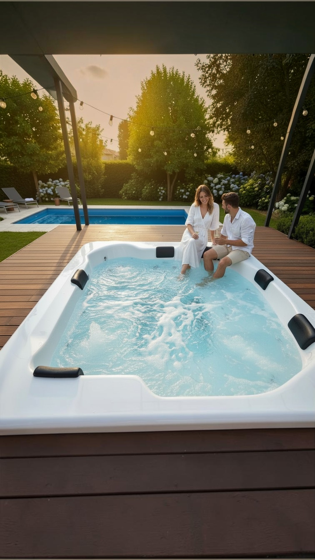 Spa exterior junto a una piscina al atardecer